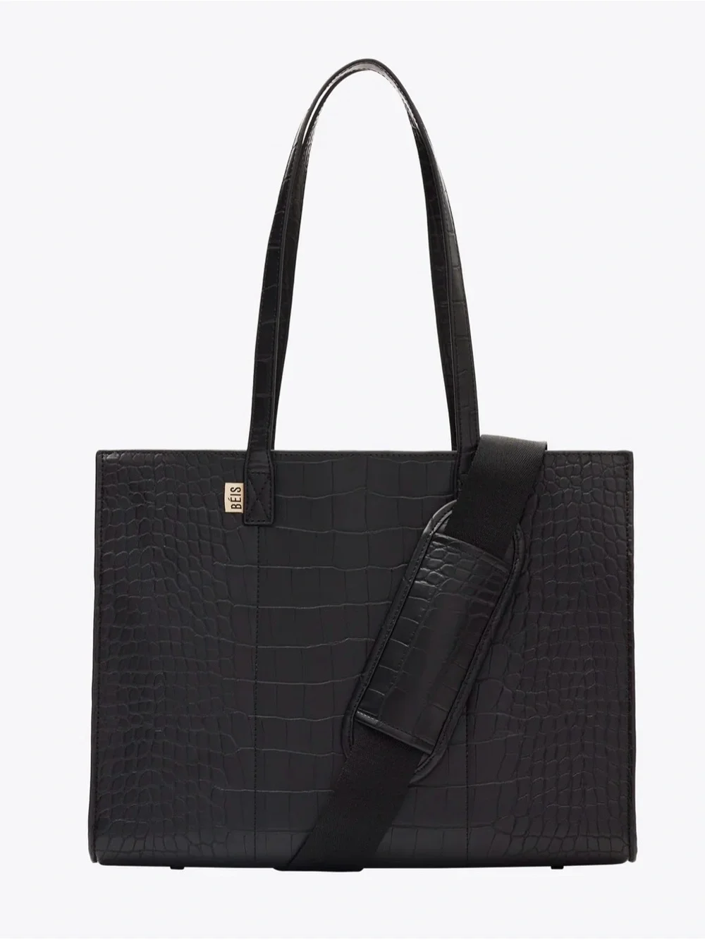 BEIS Black Croc-Embossed Laptop Tote with Detachable Padded Strap